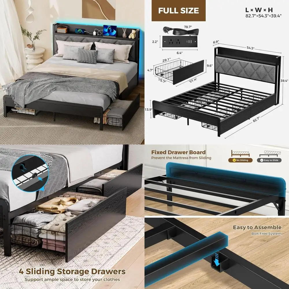Queen Size Bed with Built-in Charging, LED Lights, Upholstered Storage, Metal Slats, Noise-Free, Easy Assembly, No Box Spring Ne
