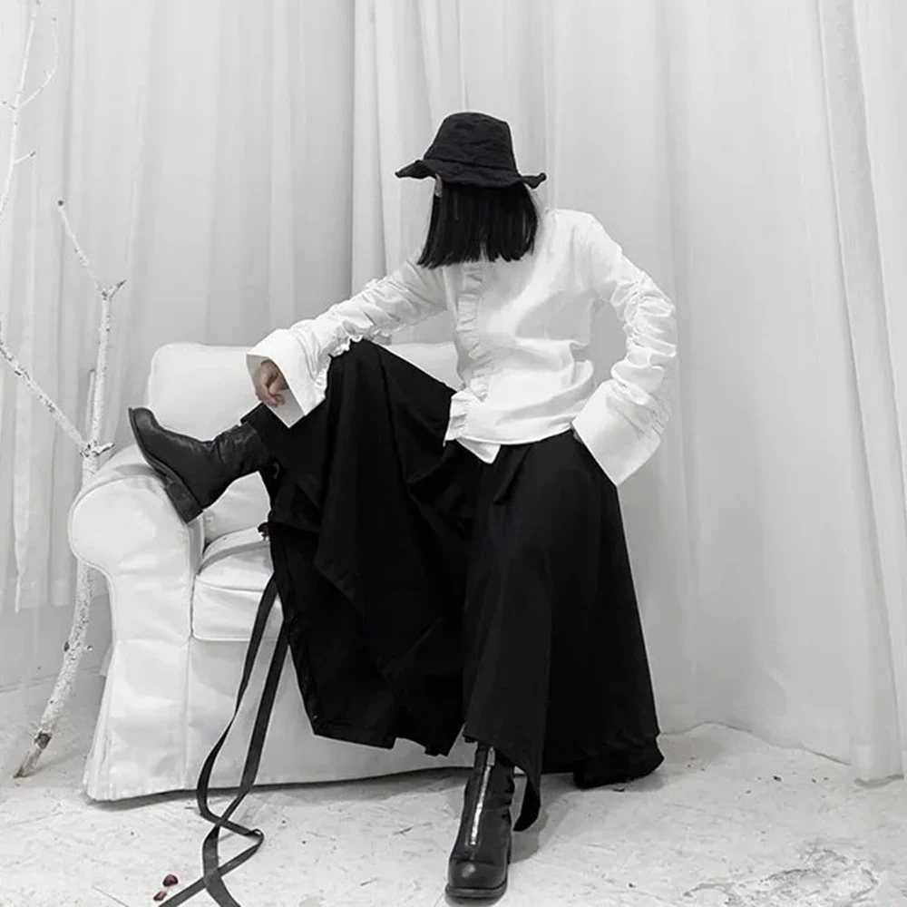 Y2k Gothic Dark Skirt Pants Irregular Pleated Casual Hakama Genderless Japanese Streetwear Fashion Wide Leg Samurai Pants Unisex