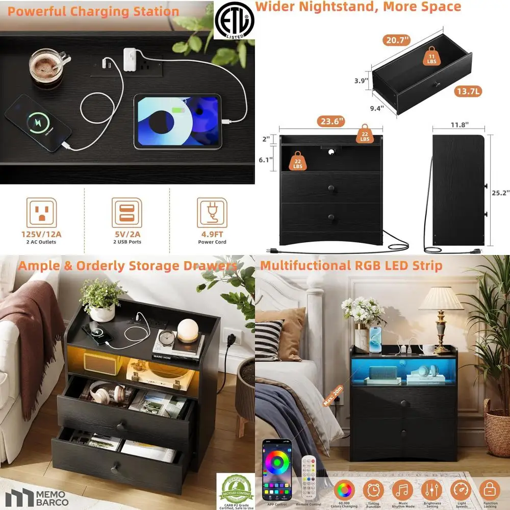 

Современная черная деревянная тумбочка с зарядкой через USB и светодиодной подсветкой, ящиками для хранения компактных спален