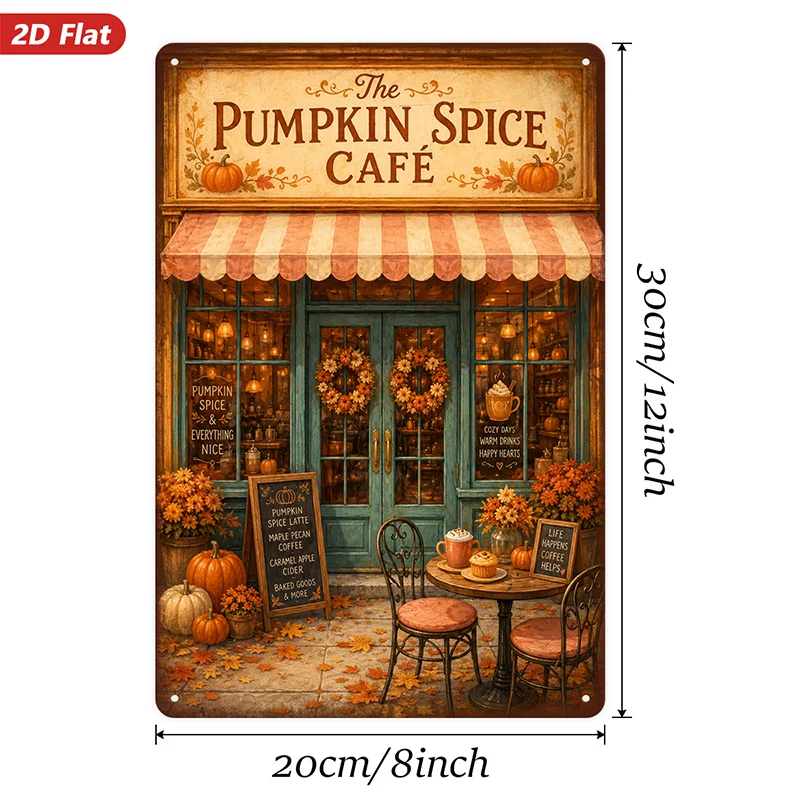 2D Flat, 1pc Metal Sign Wall Art, The Pumpkin Spice Cafe Home Decor, Fall - Themed, Cafe Scene, Wreath Decor, for Living Room, K