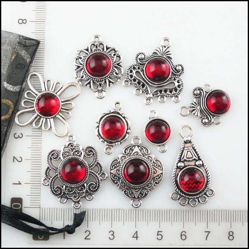 Fashion New Clover Flower Cross Crown Teardrop Charms Connectors 10mm Red Glaze Tibetan Silver Plated Pendants Retro