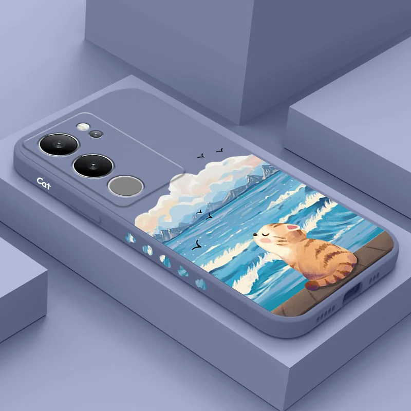 

Cute Seaside Cat Phone Case For VIVO V50 V40 V30 V29 V29E V27 V27E V25 V25E V23 V23E V21 V20 Y20 Y12 Y21 Y22 Y50 Y35 Pro 4G 5G