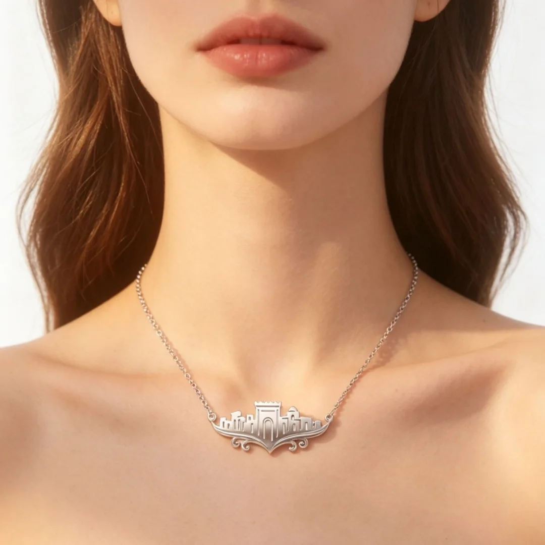 Neu eingetroffen: Edelstahl-Halskette mit Jerusalem-Burg-Landschaft, Vintage-Tempel-Umriss-Choker für Damen, religiöser Schmuck – Detail 8