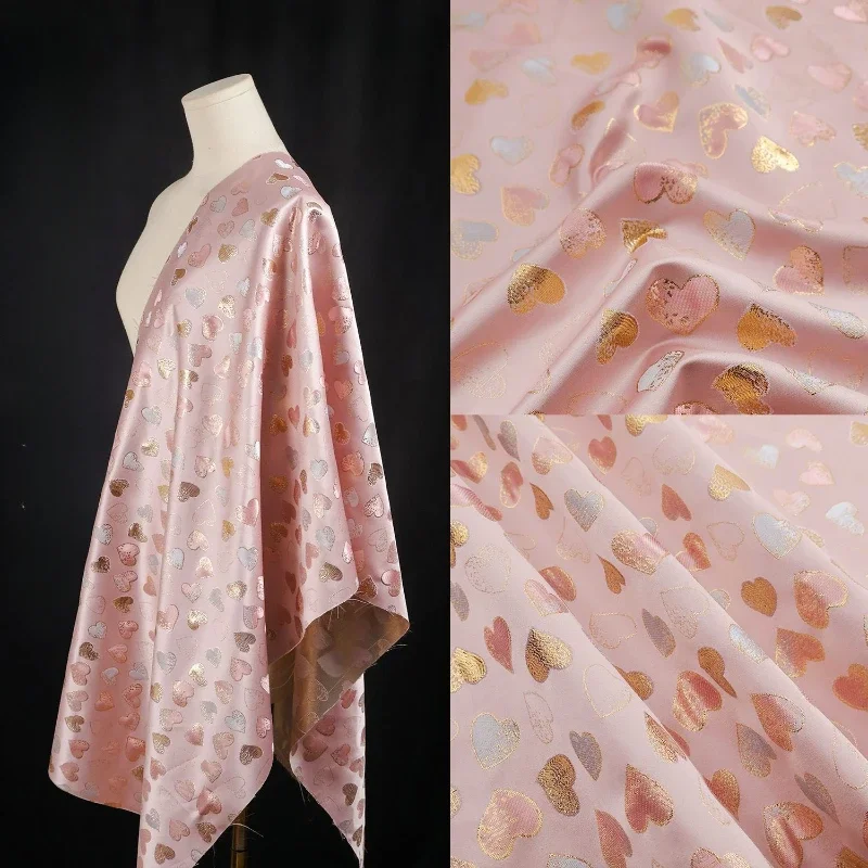 Pink Jacquard Fabric Thin Micro Profile Good Looking Woven Gold Love Designer Skirt Cheongsam Hanfu Fabric