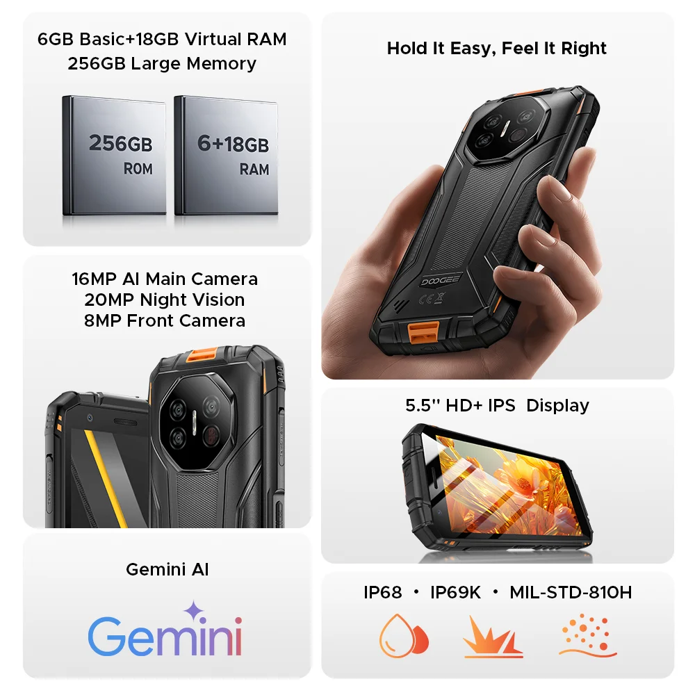 Global Version DOOGEE Fire 3 Ultra Rugged Phone 5.5" HD+ Display 24GB 256GB 8350mAh Battery UNISOC T7200 16MP+20MP NFC Android15