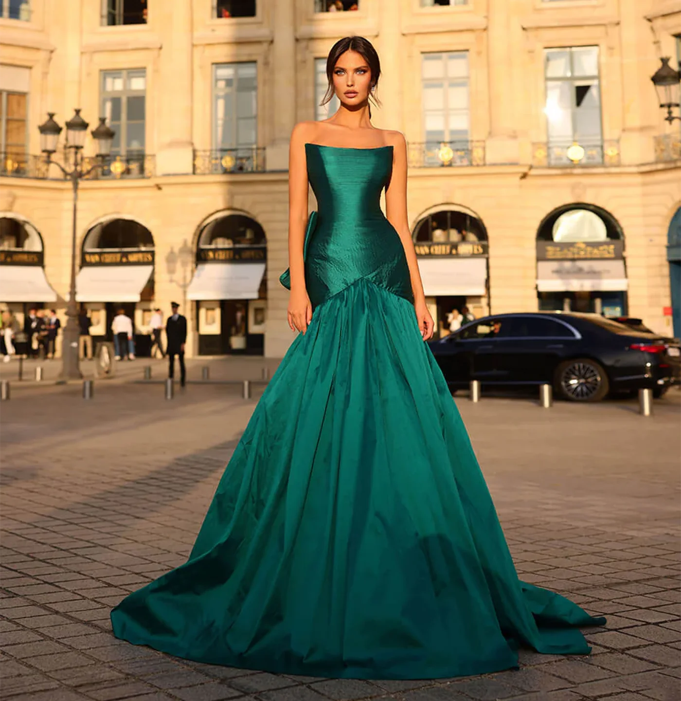 Remote Moon Green Strapless Satin Evening Dresses with Bow Back Ball Gown Floor-Length Wedding Guest Prom Gowns MN589 Customized