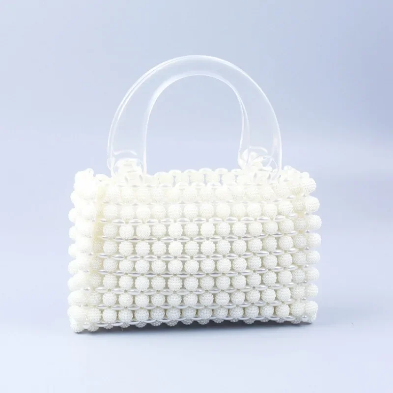 

New Instagram Transparent Acrylic Handheld Small Square Bag Handmade Beaded Weaving Vintage Yangmei Spliced Pearl Women's Bags