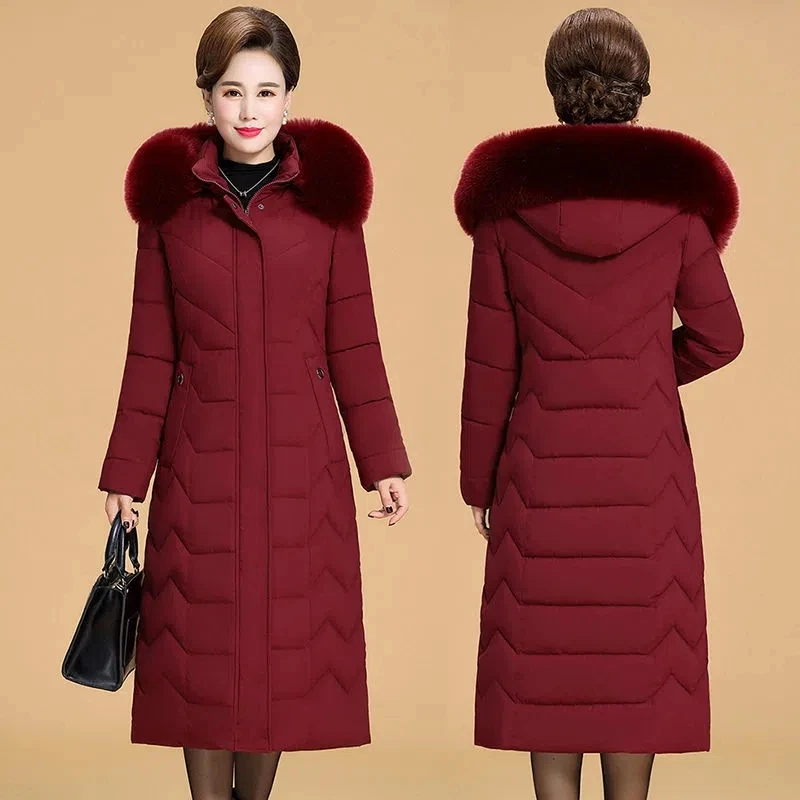 

Parkas Women Large Size Long Hooded Thick Down Cotton Jacket Female Fur Collar Warm Middle-aged Mothers Casual Padded Coat Trend