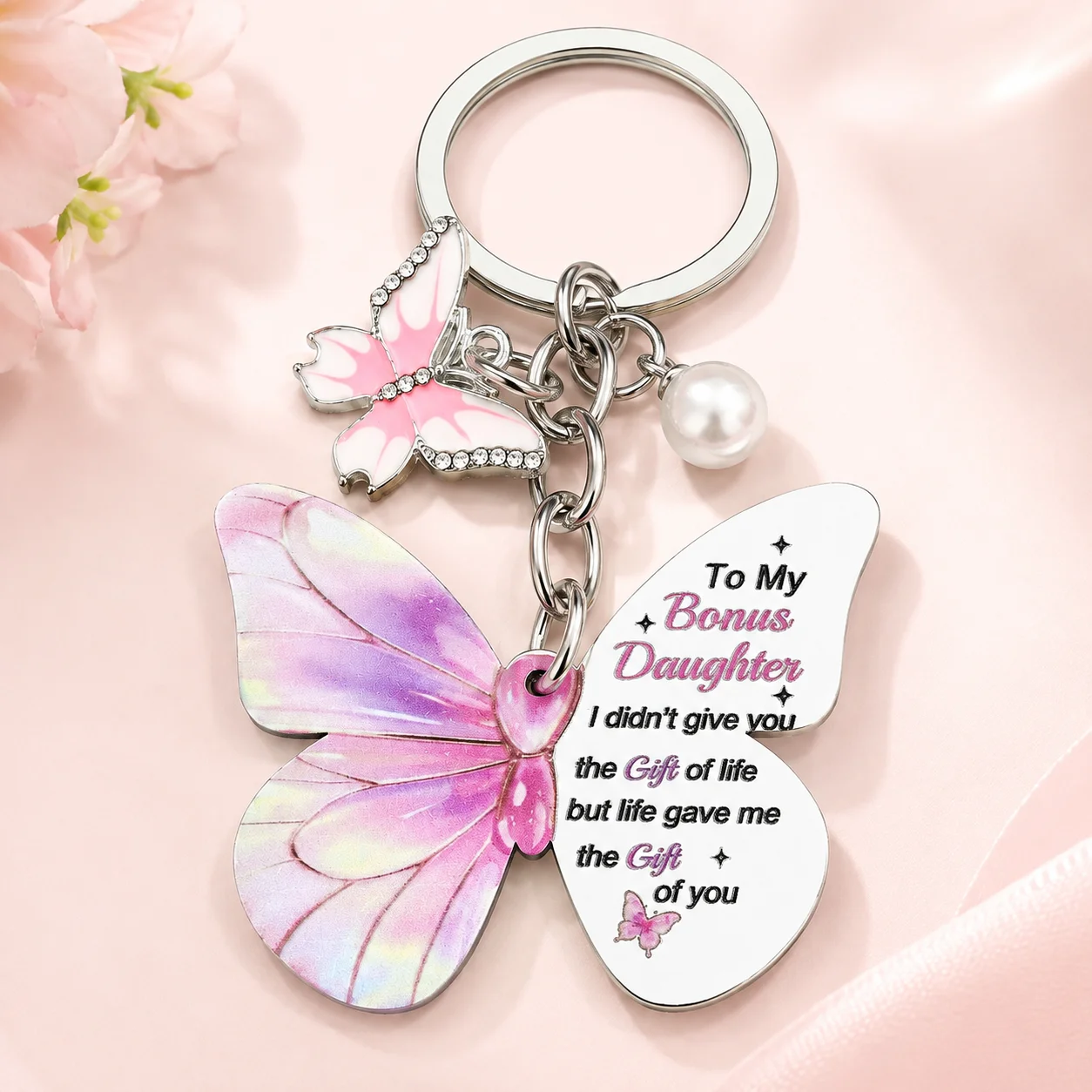 Bonus Daughter Stepdaughter Butterfly Keychain from Stepmom Birthday Graduation Christmas Gift for Teen Girls