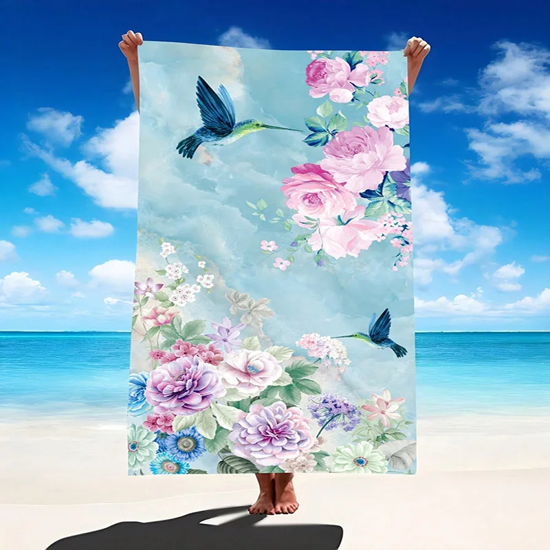 Hummingbirds and Floral Beach Towel Patterned Sunscreen And Windproof Suitable For Swimming Pool Camping Travel Blanket