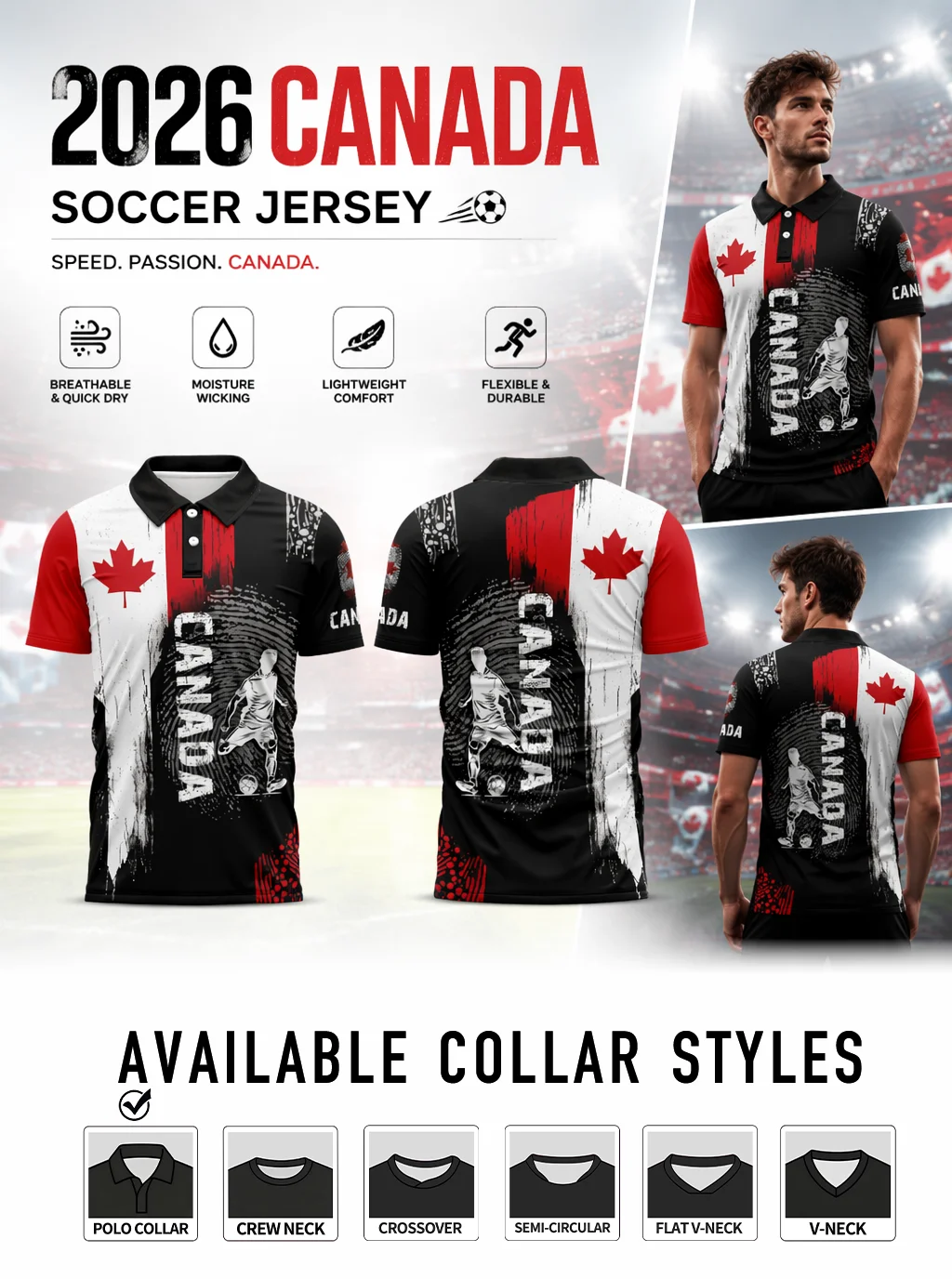 2026 Canadian Football Polo jersey, graffiti print, red maple leaf logo, quick drying breathable fabric