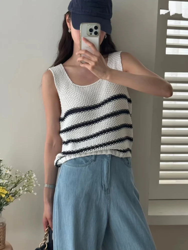 Patchwork Striped Knitted Vest Women Summer Vintage Sleeveless Crop Tops Korean Chic Casual Versatile Sweater Pullover