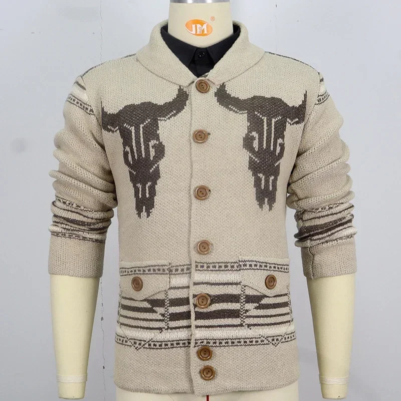 Novo cardigan masculino outono inverno turn-down colarinho botão-up camisola casacos masculinos tendências da ue jacquard jaqueta de malha camisola para homem