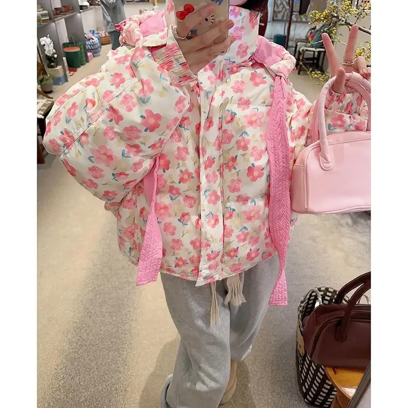 달콤한 꽃무늬 패턴 푸퍼 재킷 겨울용 따뜻한 여성용 면 패딩 재킷 후드 코트 긴 소매 루즈 숏 탑 겨울 의류