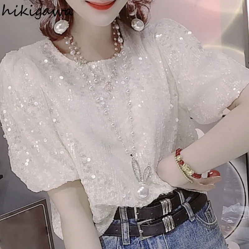 2024 Blusas De Mujer Sequined Blouses Women Temperament White Oversized Tops Short Sleeve Lantern Sleeve Summer Blouse Shirts