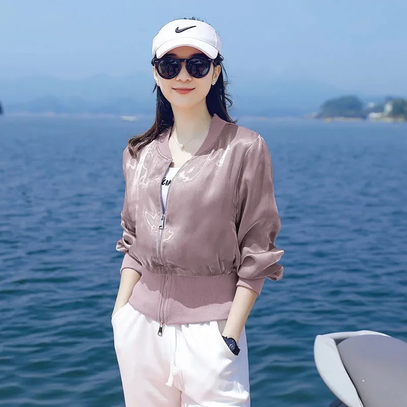 2023 New Lce Silk Sunscreen Coat Women's Summer Thin Fashion Simple Versatile Girdle Knitted Panel Baseball Suit Sunscreen Coat