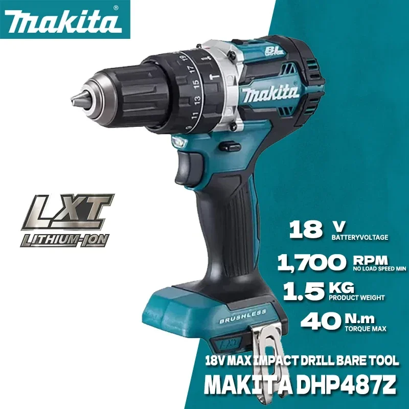 MAKITA DHP487 18V LXT Brushless Cordless Impact Drill Motor Compact Hammer Driver Rechargeable Screwdriver Power Tools DHP487Z