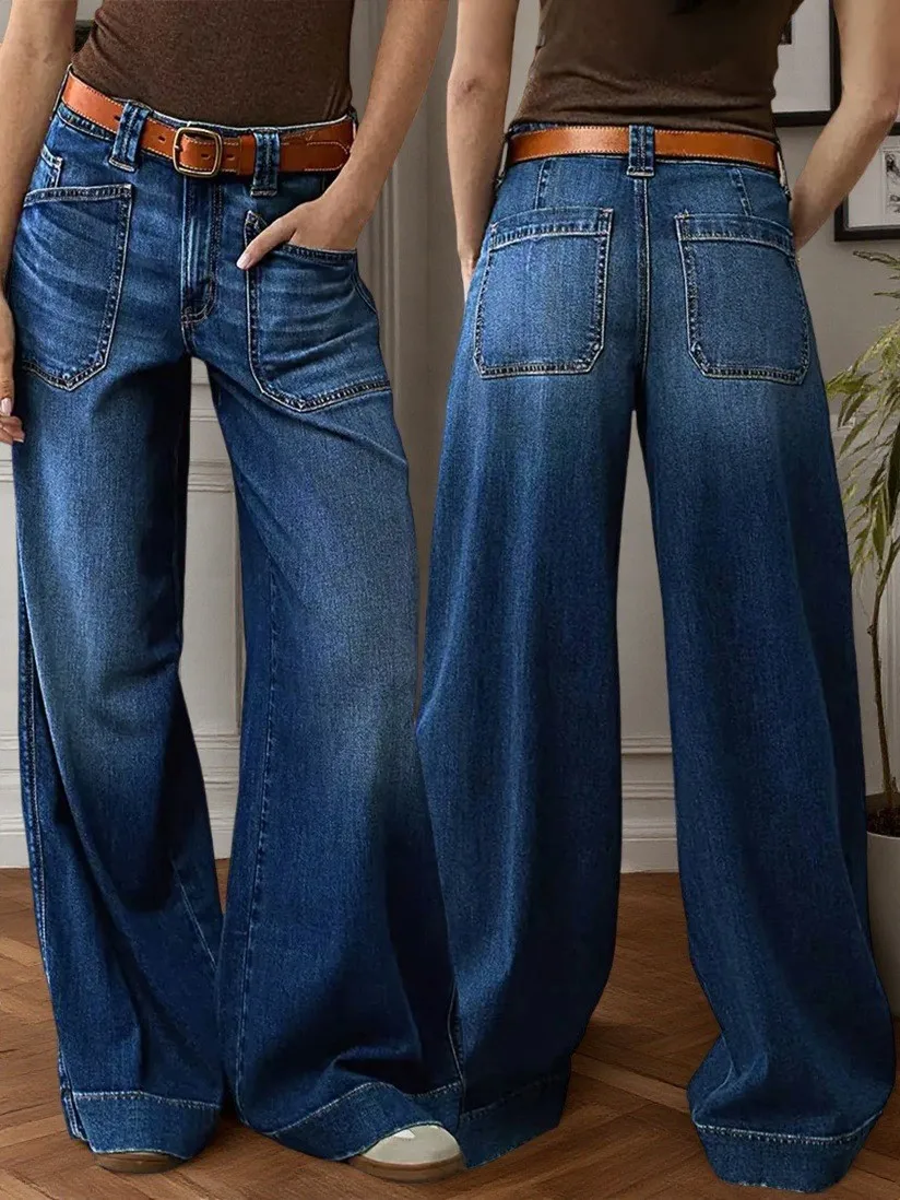 

Spring Women's Clothing Slim Fit Stretchy Wide Leg Jeans For Woman Casual Street Style Denim Pants Mid Waist Full Length