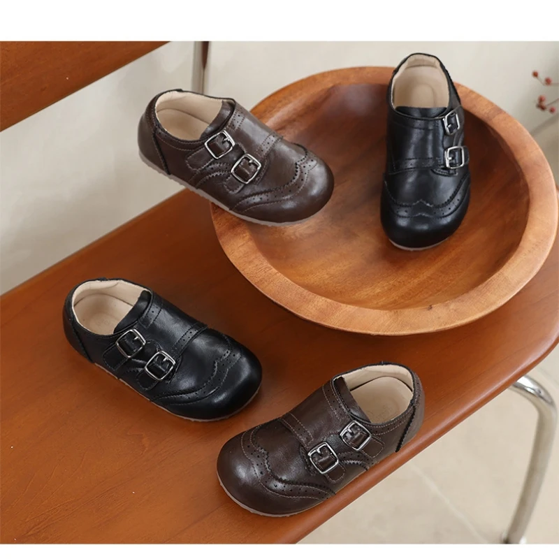 Spring Autumn Soft Grain Cowhide Baby Girls Leather Shoes Fashion Baroque Style Children's School Shoes Kids Flats