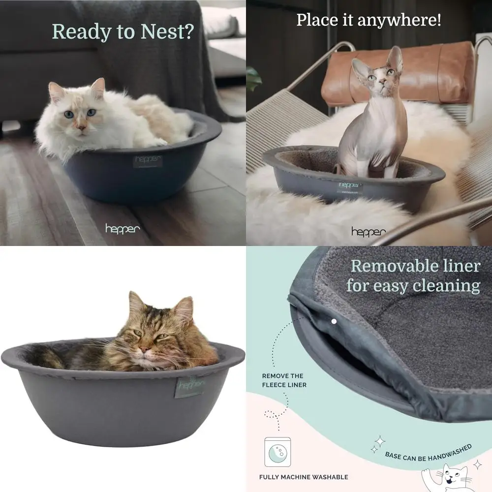 

Washable Round Donut Cat Bed with Removable Fleece Liner - Cozy & Calming for Small Indoor Cats (Grey)