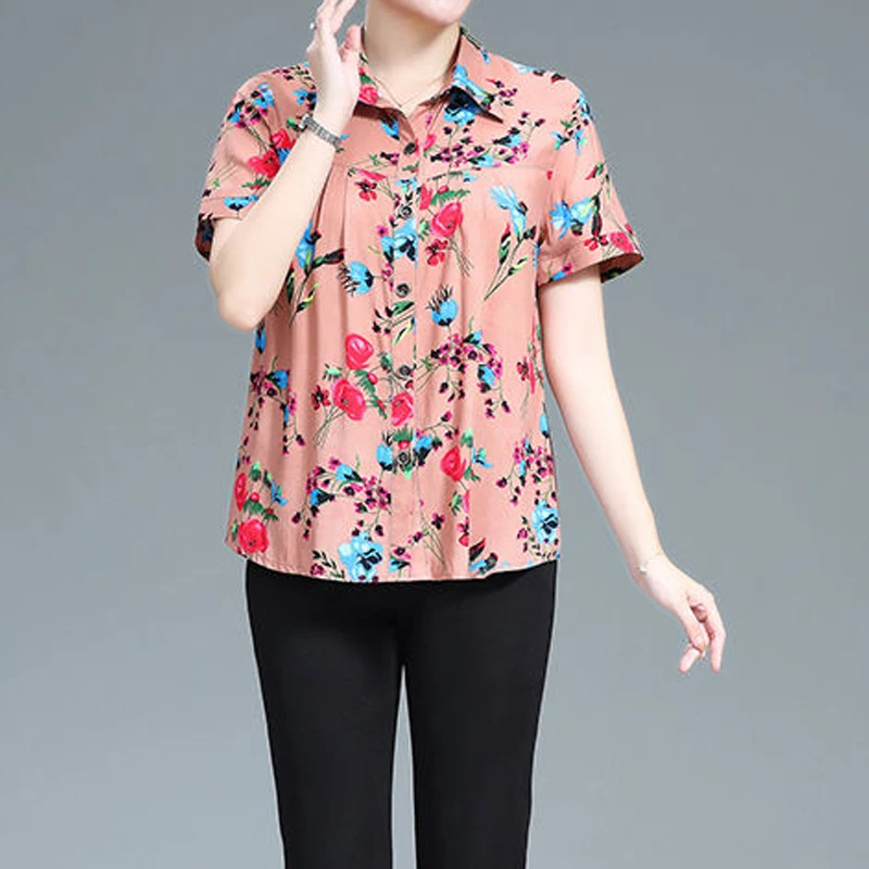 2023 Women's Clothing Thin Summer Printing Short Sleeve Floral Turn-down Collar Skinny Loose Pullovers Fashion Casual Blouses