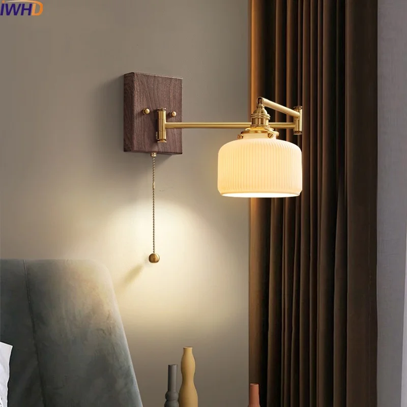 

IWHD Pull Chain Switch LED Wall Lamp Ceramic Wood Bedroom Living Room Corridor Modern Stair Light Fixture Lamparas