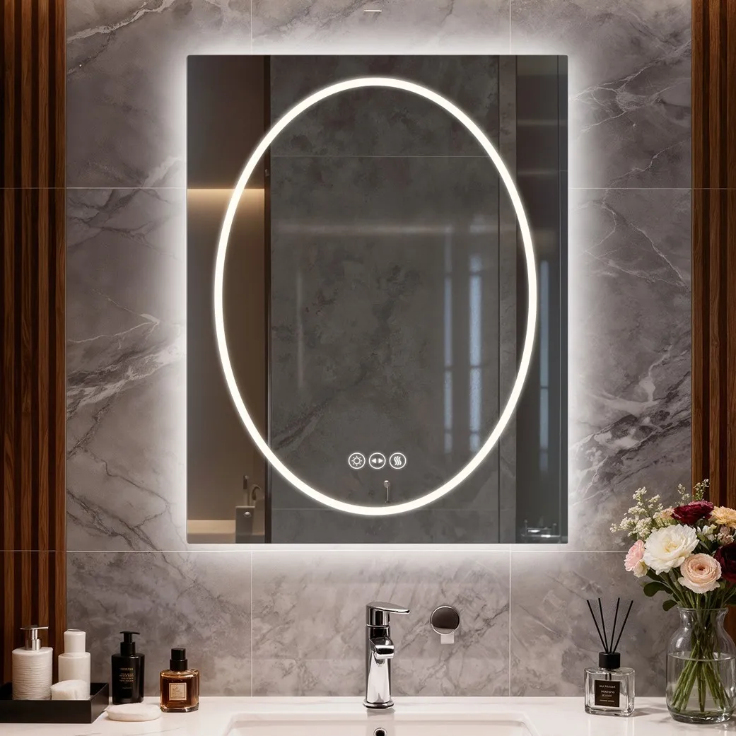 LED Bathroom Mirror Oval in Square 600x800mm/700x900mm Wall Mounted Mirror with Lighting Anti-Fog 3 Color Correlated Temperature Memory Function Front & Back Light Smart Mirror Wall Mounted