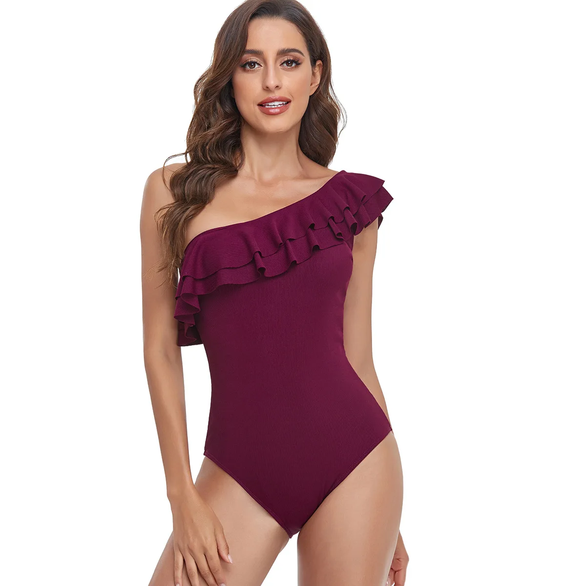 2024 New Women's Swimsuit Solid Color Single Shoulder Lotus Leaf Edge One-Piece Pit Strip Sexy Tight High Elastic Conservative