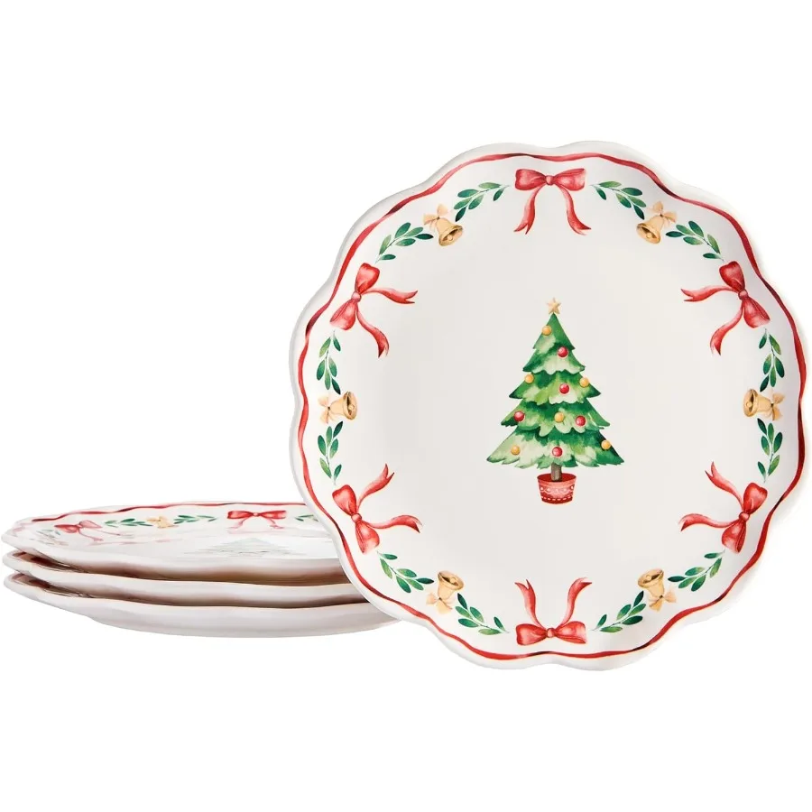 

Ribbon Christmas Scalloped Salad Plates Set of 4 8.75 Inch Ceramic Dessert Plates Ideal for Serving Salad Appetizer and Side Di
