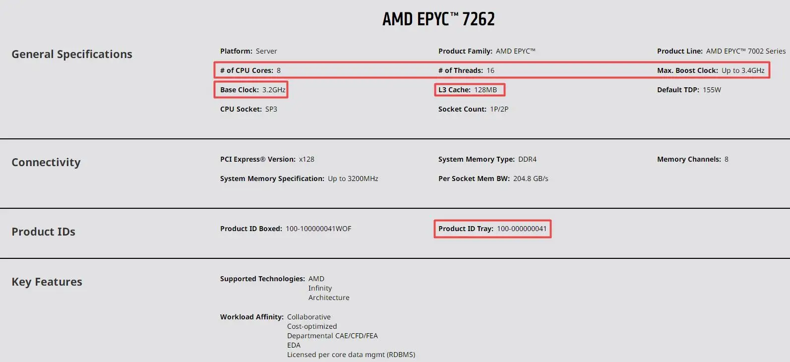 CPU for EPYC 7262  8 Cores 16 Threads Base Clock 3.2GHz  Max.Boost Up to 3.4GHz L3 Cache 128MB  TDP 155W