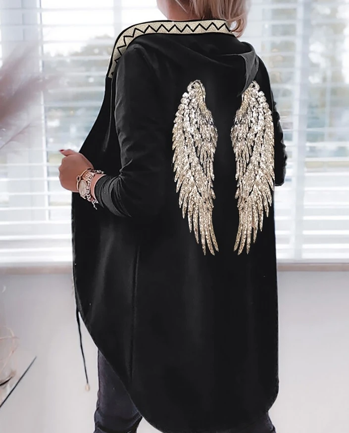 2025 Autumn Winter New Fashion Casual Geometric Wings Pattern Contrast Sequin Asymmetrical Coat Oversized Zip Up Hooded Jacket