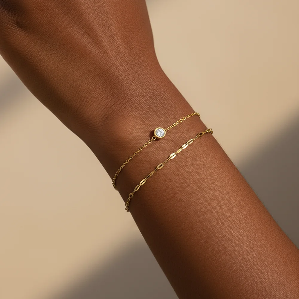 Stainless Steel Zirconia-Inlaid Pendant Double-Strand Bracelet Women's Niche Luxury Wrist Adornment Suitable for Everyday Wear