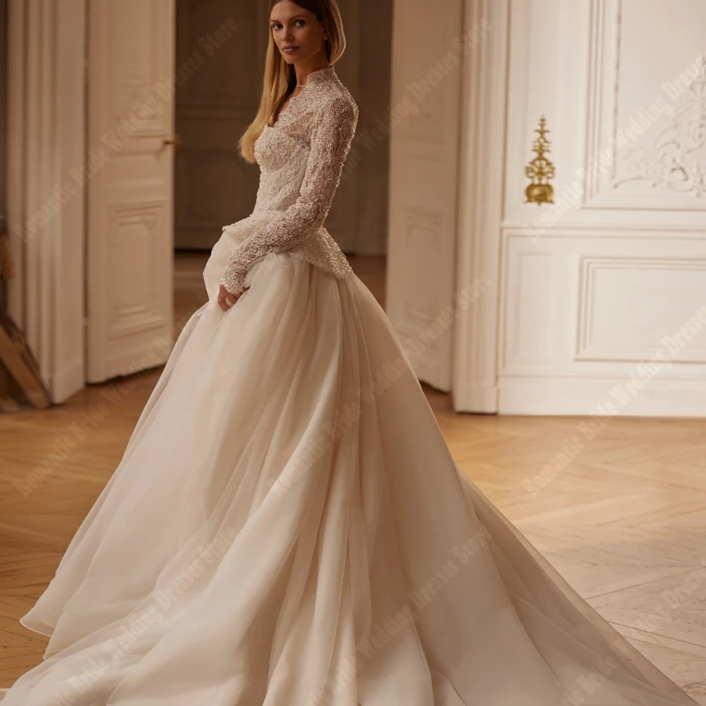Celebrity A-Line Women Wedding Dresses Elegant Lace Long Sleeves Print Prom Gown Mopping Length Ball Vestido De Novia Customized