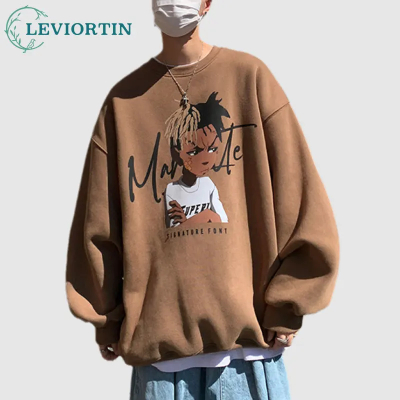 

Men Sweatshirt Streetwear Hip Hop Cartoon Graphic Retro Vintage Washed Black Sweatshirt Pullover Harajuku Sweat Shirt Hipster