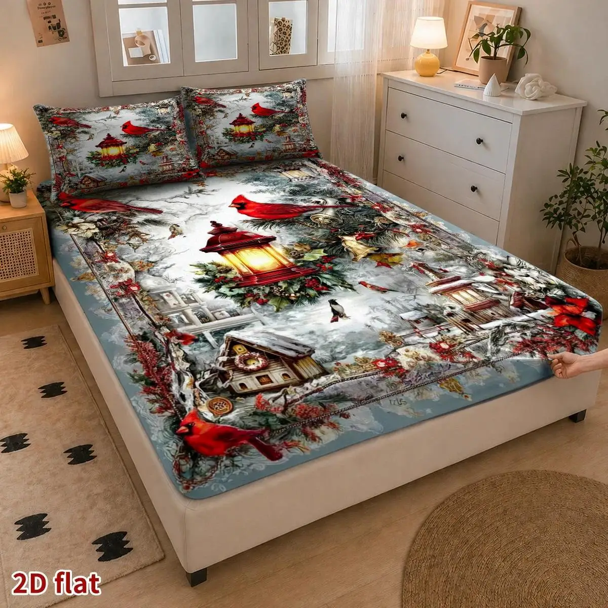 Christmas 2D Digital Print Three-Piece Bedding Set (Includes 1 Fitted Sheet + 2 Pillowcases) Mattress Protector, Fitted Elastic Style, Protective Cover, 2D Flat Priting, Winter Red Bird Snow Scene Theme, Oil Painting Realistic Style, Merry Christmas, Suitable for All Seasons, Machine Washable, Holiday Decoration, Various Sizes, Breathable Protective Cover Plus Pillowcase