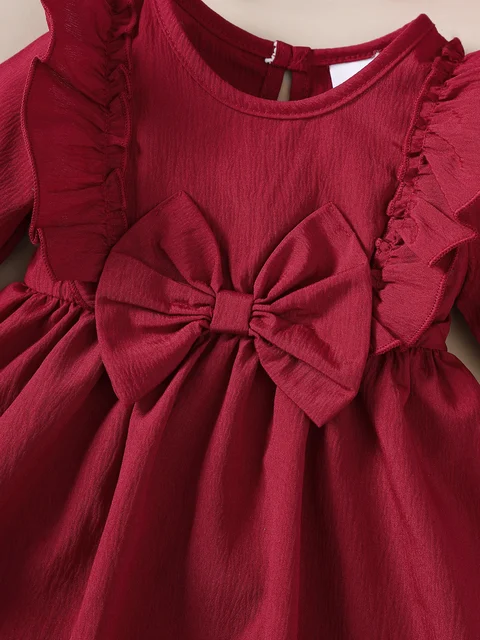Baby Girl Autumn Dress Ruffled Edges and Bow, Long-Sleeved Dress+Headband for 0-18 Months Cute Baby Girl Holiday Party Costume 5