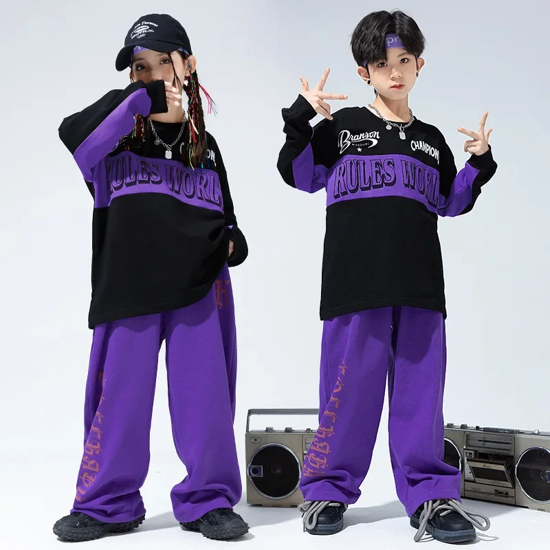 

Kid Hip Hop Clothing Black Oversized Sweatshirt Purple Letters Casual Wide Sweat Pants for Girl Boy Jazz Dance Costume Clothes