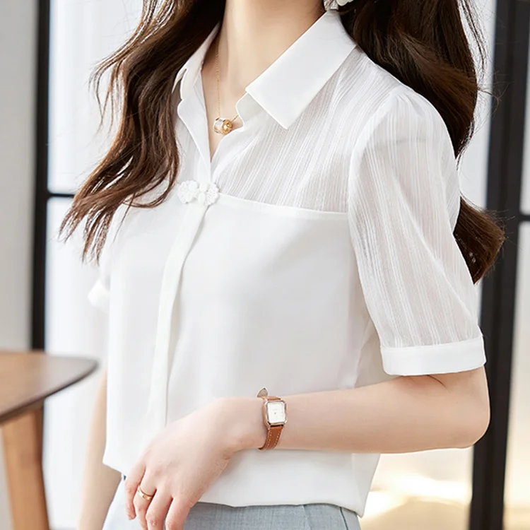 

Chiffon Blouse Summer Short Sleeves Women's New Style Chinese Style Button Up Small Shirt Chic French Bubble Sleeve Top