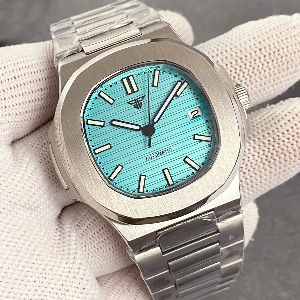 

40mm Sky blue Green Lume AutomaticSquare case Sporty Elegance NH35A Tandorio Men's Watch Sapphire Crystal Brushed Case Bracelet