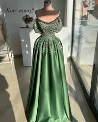 Green Pearls Beaded Strapless Long Satin Evening Dresses A Line Sleeveless Ruched Wedding Dinner Party Gowns Robe Soirée Female