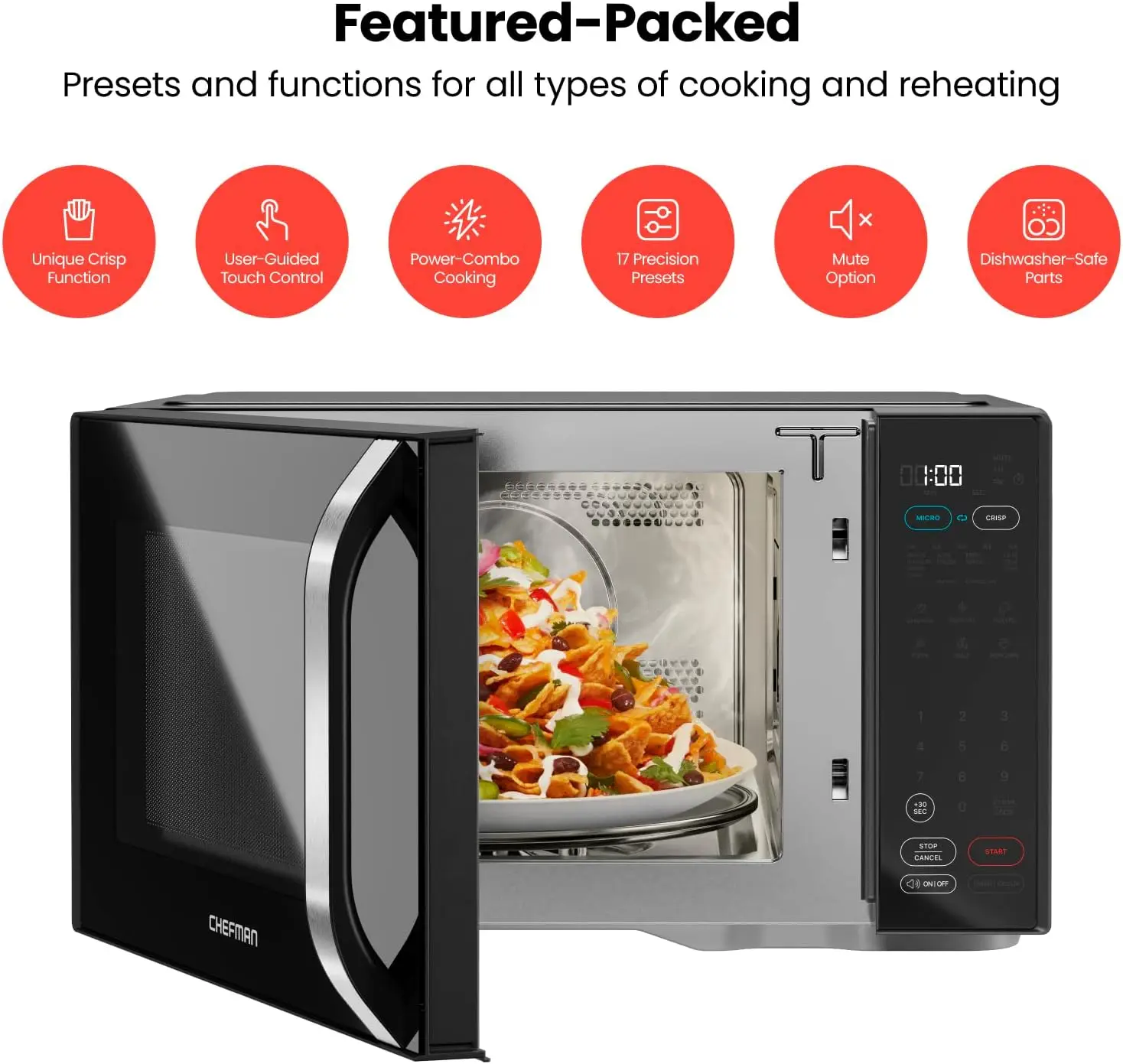 Digital Microwave Oven, Unique "Cook & Crisp" Power Combo, 1.0 Cu Ft, Dual-Cook 1000W Microwave + 1500W Crisper, 6 Touch Presets