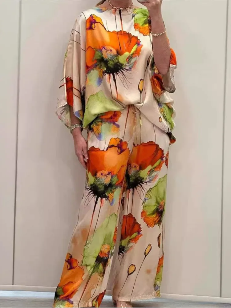 Satin Flower Print Two Piece Set For Women Fashion Elegant Spring Autumn Loose Bat Sleeve T Shirt Wide Leg Trousers 2 Piece Sets
