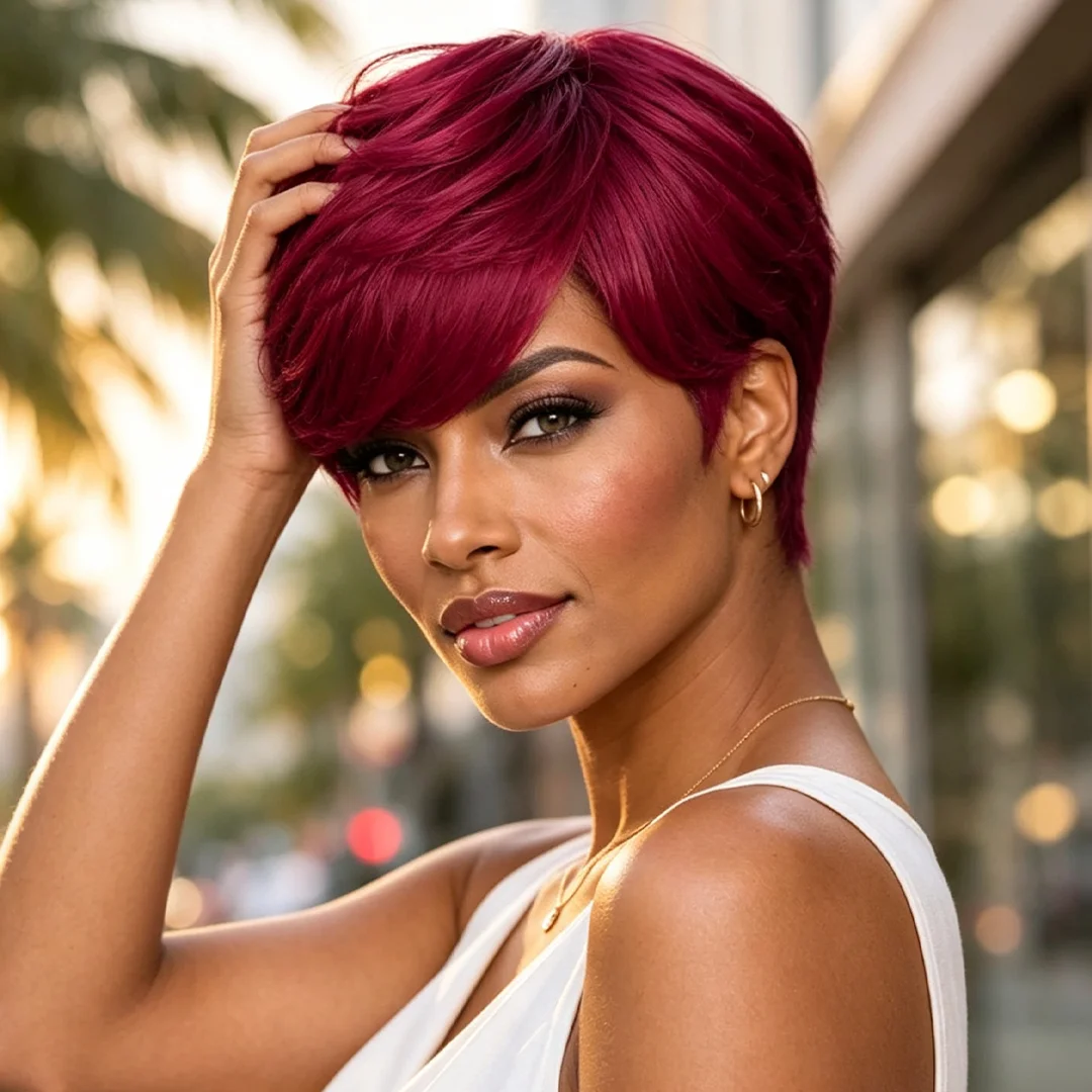99J# Burgundy Color Real Human Hair Wig Straight Pixie Cut Virgin Brazilian Human Hair 6 Inch 150% Density Full Machine Made
