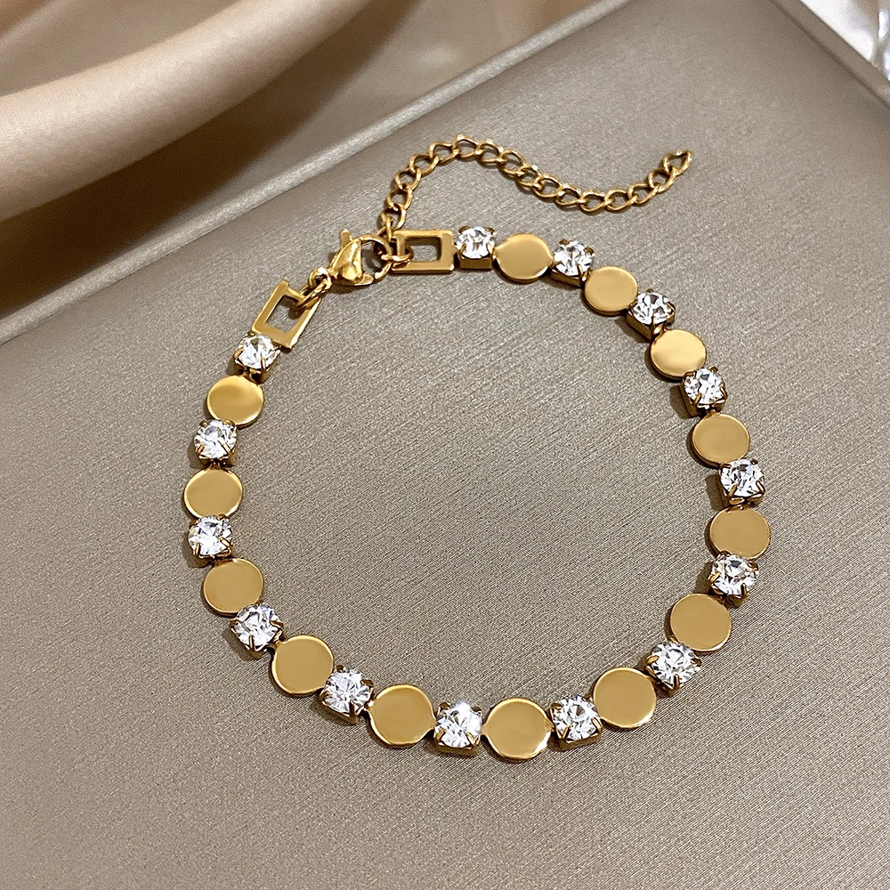 Greatera Women\'s Cubic Zircon Filled Bangle Gold Color Round Geometry Stainless Steel Simpl Bead Spacing Drill Bracelet Jewelry