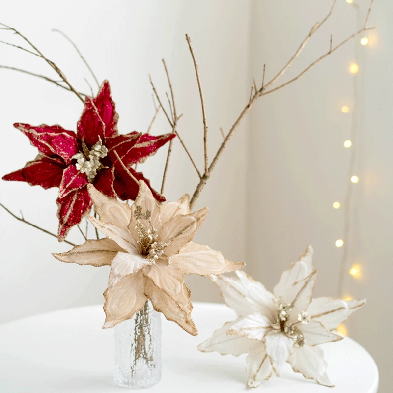 1PC Beautiful Glitter Artificial Christmas Flower Simulation Flower Shimmering Powder Christmas Poinsettia Flower Happy New Year