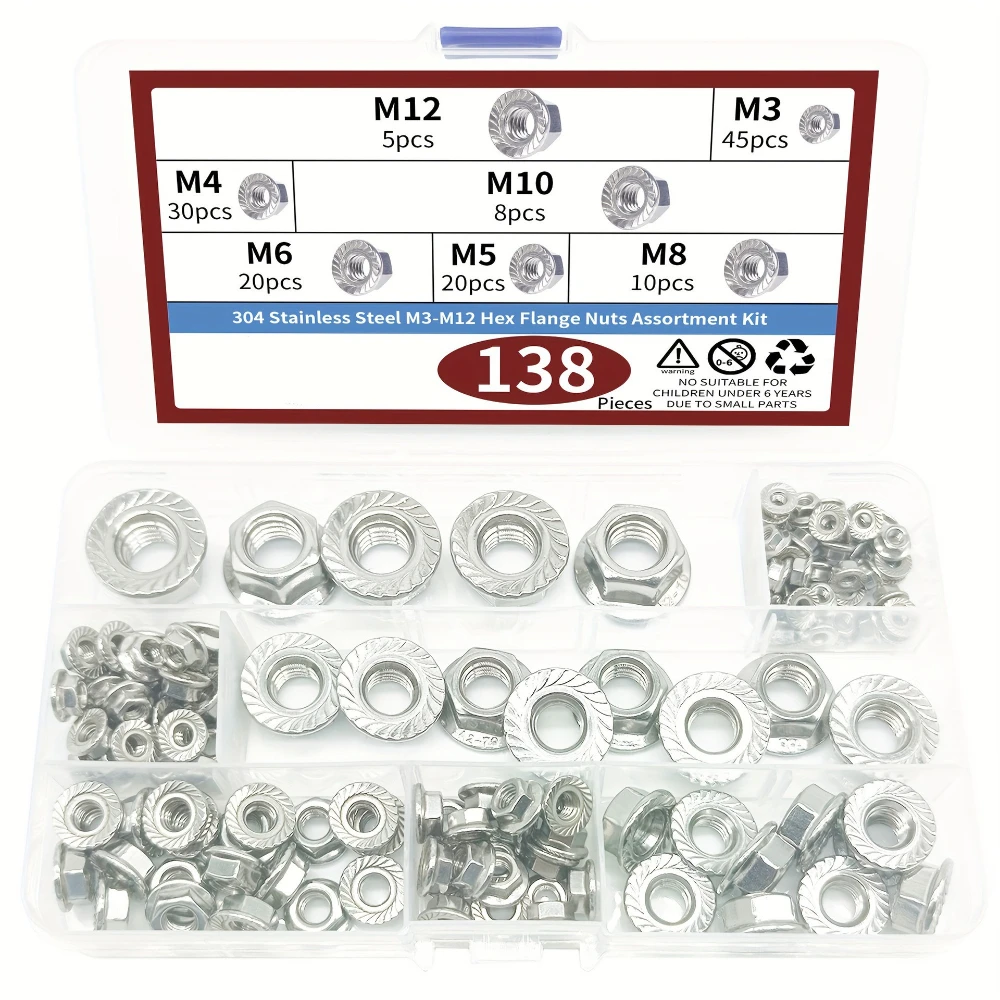 138 قطعة 304 الفولاذ المقاوم للصدأ شفة المكسرات مجموعة 7 حجم مسننة سداسية شفة الجوز DIN6923 المضادة للانزلاق المكسرات M3 M4 M5 M6 M8 M10 M12