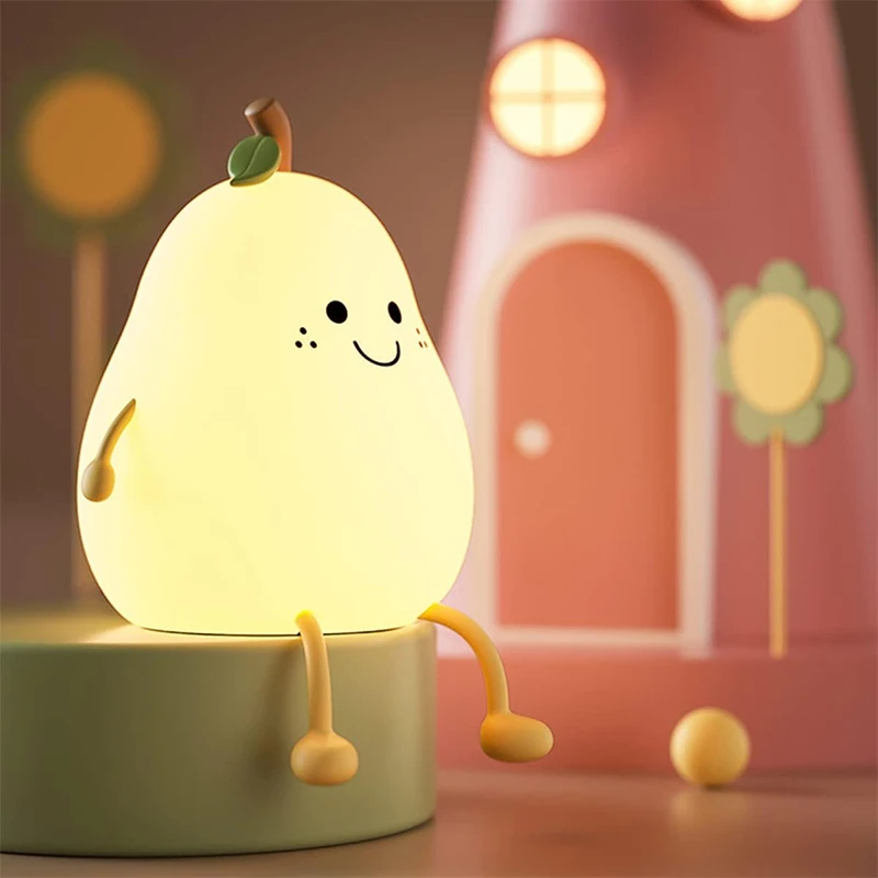 Night Lights for Kids Pear Shaped Cute Silicone Nightlight 7 Colors Dimmable Night Lamp USB Charging for Bedroom Bedside Room