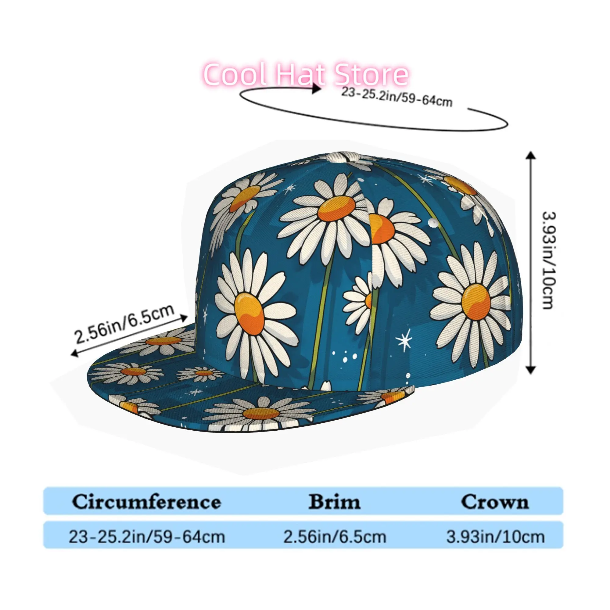 Men & Women' Adjustable Snapback Trucker Hat with Daisies Print - Soft Flat Brim Baseball Cap, Unisex Streetwear Cap Suitable fo