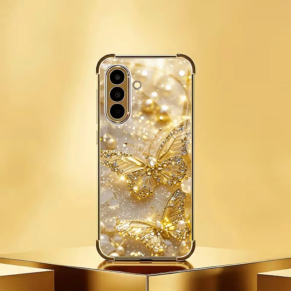 Pearl Butterfly Gold Plated Glass Phone Case Suitable for Samsung Galaxy S26 S25 S24 S22 S21 S20 FE/Ultra/Plus Anti Drop