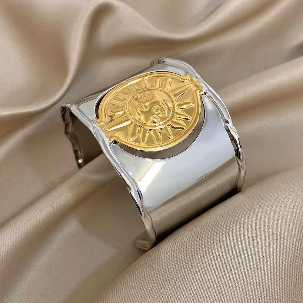 Greatera Wide Sun Head Hollow Open Bracelet Chunky Smooth-surface Stainless Steel Diameter 61mm Original Design Women's Bangle